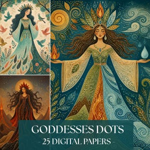 Puede incluir: Una colección de arte digital titulada GODDESSES DOTS 25 DIGITAL PAPERS que presenta tres ilustraciones de figuras con vestidos fluidos con patrones de puntos intrincados, motivos de hojas y símbolos elementales como fuego y agua.