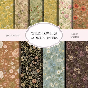 May include: A collection of 30 digital papers in JPG format featuring various botanical patterns with wildflowers, poppies, and strawberries in yellow, pink, black, blue, and brown. The text reads WILDFLOWERS 30 DIGITAL PAPERS, JPG FORMAT, and 300 DPI.