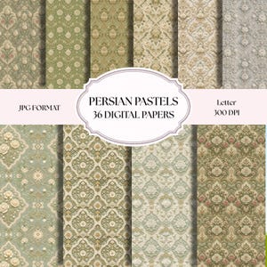 Puede incluir: Una colección de 36 papeles digitales con patrones Persian Pastels en tonos verde salvia, crema y rosa suave. La imagen muestra varios motivos florales y de damasco con el texto PERSIAN PASTELS 36 DIGITAL PAPERS JPG FORMAT Letter 300 DPI.