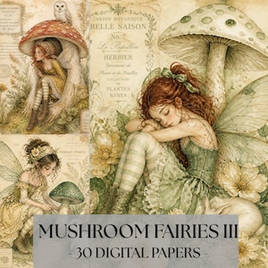 Puede incluir: Una colección de papeles digitales con ilustraciones de hadas con alas, setas y elementos botánicos en estilo vintage. El texto MUSHROOM FAIRIES III 30 DIGITAL PAPERS está impreso en negro en la parte inferior del collage de imágenes.