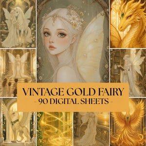 Puede incluir: Una colección de 90 hojas digitales con ilustraciones de fantasía en tonos dorados y crema, que incluyen hadas, un unicornio, un dragón, un grifo y un fénix, con el texto VINTAGE GOLD FAIRY - 90 DIGITAL SHEETS mostrado en el centro.