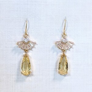 Gold Plated Teardrop Earrings: Art Deco Light Yellow Cubic Zirconia