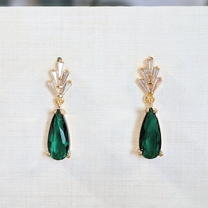 Green Art Deco Teardrop Earrings, Fan, Emerald, Cubic Zirconia, Gold Plated, Hypoallergenic, Gift for her Women Mom Wife Teens Girls Sister