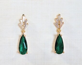 Green Art Deco Teardrop Earrings, Fan, Emerald, Cubic Zirconia, Gold Plated, Hypoallergenic, Gift for her Women Mom Wife Teens Girls Sister