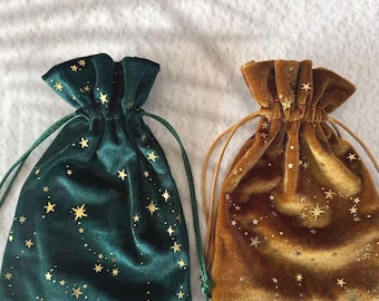 Gold Stars Crushed Velvet Drawstring Gift Bag; Tarot Bag: Witchy Celestial Style (5x7 inches)