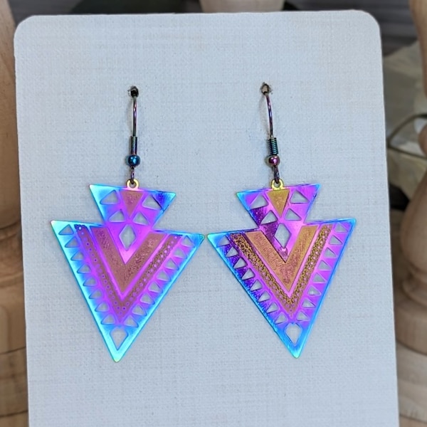 DEAL// Geometric Triangle Rainbow Stainless Steel Earrings, PNW, Filigree, Color Shifting, Trippy, EDM, Rave, Gift for Her, Women Teens