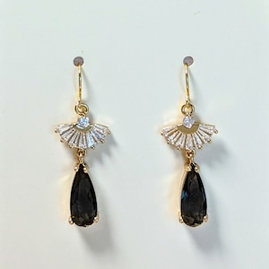 Charcoal Art Deco Teardrop Earrings: Gold Plated Bridal Jewelry