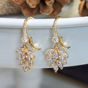 Leaf Cubic Zirconia Lever Back Drop Earrings, Fan, Bridal, Wedding, Gold Plated, Hypoallergenic, Gift for her Women Mom Wife Teens Girls