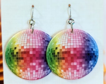 Rainbow Disco Ball Earrings, Rainbow Zebra Earrings, Pride Jewelry, Gift for Her, Hypoallergenic - Women Teens Kids