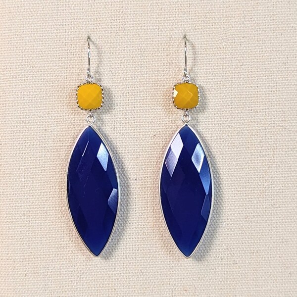 Faceted Sapphire Blue and Mustard Yellow Earrings Statement Earrings, Ellipse, Marquise, Horse-eye, Gift for her, Women Teens