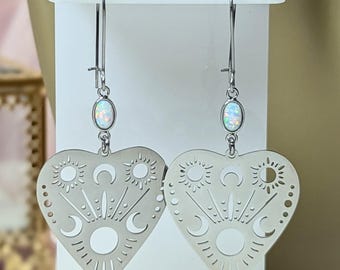 Opal Ouija Board Stainless Steel Drop Earrings, Magic, Celestial, Witchy, Crescent Moon, Hypoallergenic, Gift for her, Women Teens