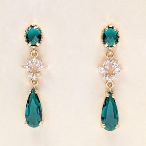 Emerald Green Crystal Bridal Earrings: Gold Plated Floral Dangle