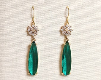 Art Deco Long Drop Earrings, Flower, Green and Gold Statement Earrings, Emerald Teardrop, Floral, Gift for her Women Teens