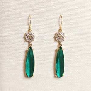 Art Deco Long Drop Earrings, Flower, Green and Gold Statement Earrings, Emerald Teardrop, Floral, Gift for her Women Teens