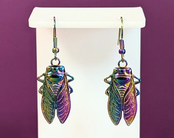 Rainbow Cicada Bug Earrings, Insects, Rainbow Stainless, Hypoallergenic, Gift for Her, Women Teens Mom Sister