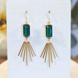 Rectangle Emerald Green Art Deco Fan Earrings, Gold Geometric, Vintage Style, Retro, Statement, Drop Earrings, Gift for Her Women