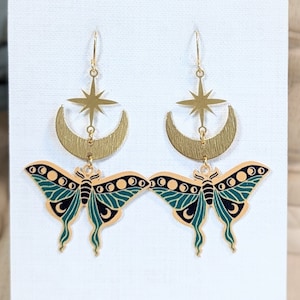Luna Moth Dangle Earrings: Brass & Vintage Glass, Hypoallergenic