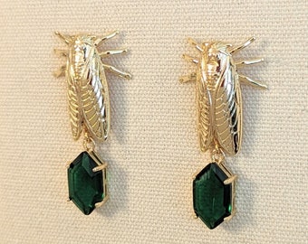 Cicada Dutch Marquis Green Gem Earrings, Beetle Earrings, Insect Earrings, Emerald Green, Gold Plated, Gift for Her, Women Teens