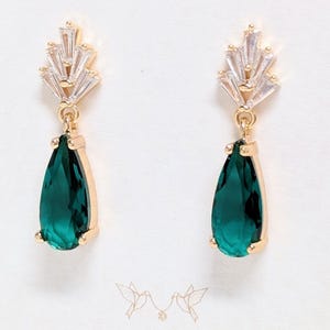 Art Deco Emerald Teardrop Earrings: Gold Plated Cubic Zirconia