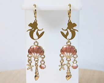 Gold Mermaid Clam Shell Earrings, Mermaid Chandelier Earrings, Beach Drop Earrings, Pink and Coral, Gift for her, Women Teens Girls