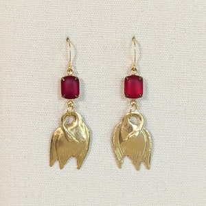 Vintage Raw Brass Gooseneck Earrings: Red Glass Gemstone Drop Earrings