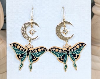 CADEAU// Boucles d'oreilles pendantes papillon de nuit Luna en plaqué or, boucles d'oreilles papillon de nuit, bijoux insectes, papillon, cadeau pour ses femmes adolescents amies soeur fille maman