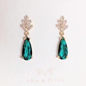 Art Deco Emerald Teardrop Earrings: Gold Plated Cubic Zirconia