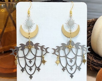 Celestial Chandelier Earrings: Raw Brass & Stainless Steel Statement Jewelry