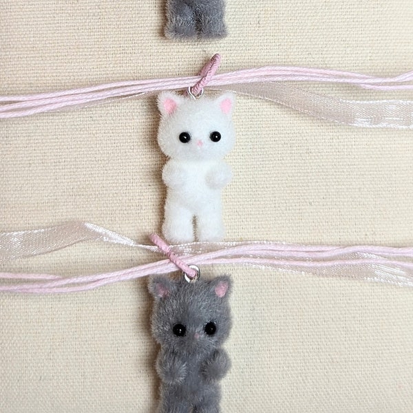 Cute Kitten Organza Cord Necklace, Pink, Blue, Heart, Cat Gift, Gray Cat, White Cat, Gift for her, Women Teens Kids Girls