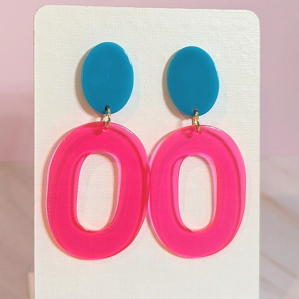 Hot Pink and Teal Acrylic Earrings, Neon UV Glow Statement Earrings, Festival, Kandi, Bold, Big, Gift for her, Women Teens