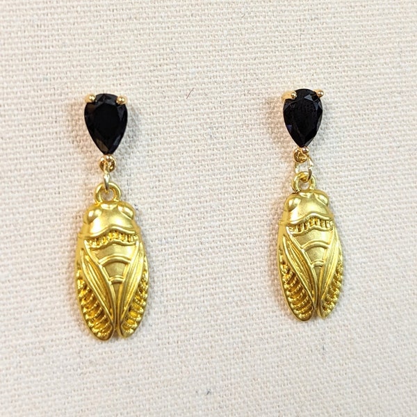 Gold Beetle Earrings, Gold Cicada Drop Earrings, Insects, Yellow, Canary, Onyx, Black, Summer, Gift for Her, Women Teens Mom Sister Girls