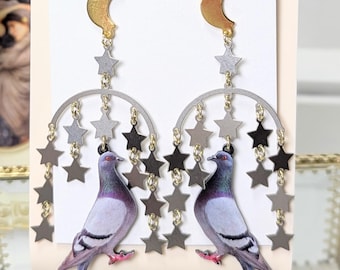 Pigeon & Star Dangle Earrings: Hypoallergenic Acrylic Bird Jewelry