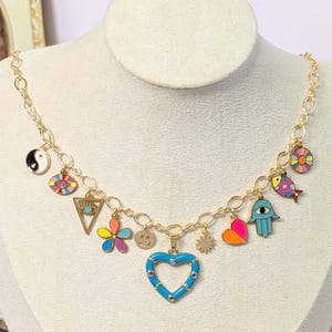 Colorful Charm Necklace: Gold-Plated Hearts, Fish, Flower