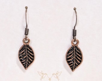 Antique Copper Leaf Earrings: Small Dangle