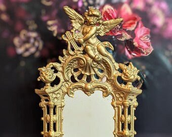 Vintage// Victorian Gold Angel Mirror or Frame, Ornate Art Nouveau, Tabletop, Cast Iron, Metal Frame, Easel Back, HEAVY