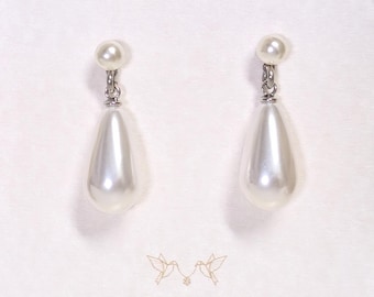 Teardrop Pearl Drop Earrings; Silver Tone Bridal Jewelry