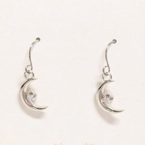 Tiny Silver Moon Drop Earrings: Rhodium Plated Jewelry