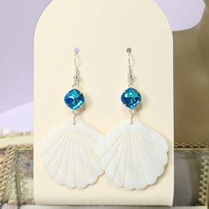 Silver and Aqua Scalloped Shell Earrings, Clamshell, Sterling Silver, Mermaid, Beach Earrings, Clam, Fan, Bridal, Gift for her, Women, Teens