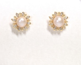 Light Pink Button Pearl Flower Earrings; Bridal Studs