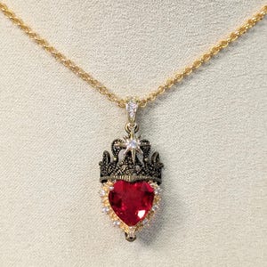 Crowned Ruby Red Heart Necklace: Gold-Plated Cubic Zirconia Pendant