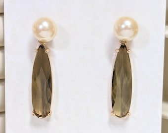 Olive Green Earrings with Vintage Faux Pearl Studs; Bridal Earrings: Gold-Plated