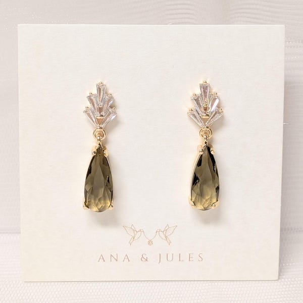 Art Deco Teardrop Earrings: Olive Green & Gold Bridal Jewelry