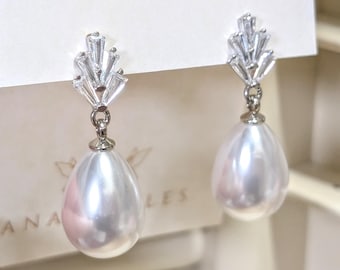 Art Deco Pearl Drop Earrings; Silver Tone Bridal Jewelry