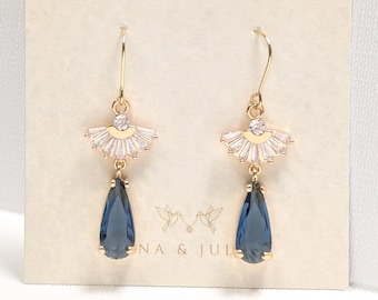 Art Deco Blue Teardrop Earrings: Gold Plated Bridal Jewelry