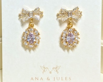 Lilac Bowknot Drop Earrings: Oval Art Deco Lavender Purple