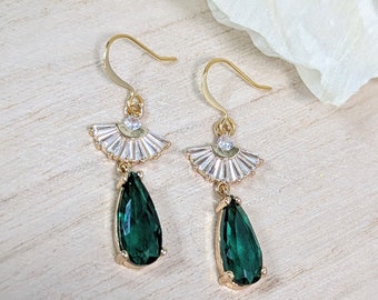 Art Deco Emerald Teardrop Earrings: Gold Plated Bridal Jewelry