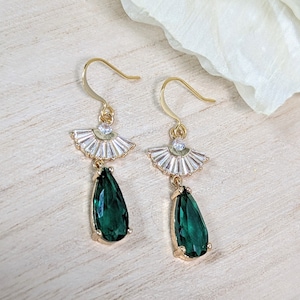 Art Deco Emerald Teardrop Fan Earrings, Emerald Green Color, Angel, Bridal, Wedding, Gold Plated, Gift for her Women Mom Wife Teens Sister
