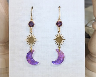 Crescent Moon Star Dangle Earrings, Sun Moon Stars, Witchy, Purple Haze, Blood Moon, Raw Brass, Gift for Her Women Teens Daughter