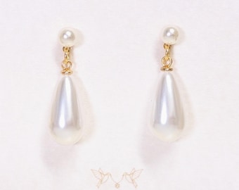 Teardrop Pearl Drop Earrings; Gold Tone Bridal Jewelry