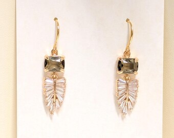 Art Deco Leaf Earrings: Plum Brown Olive; Gold Plated